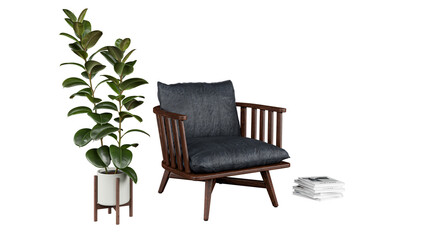 Fototapeta premium Free PNG an armchair in a empty room with a plant and some books. Decorated home mockup with free space. 3d illustration, 3d rendering