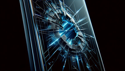 A Broken of technology with cracked glass on black background. Digital blue light glowing on cracked.