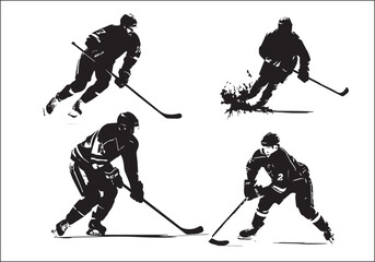 Hockey player silhouette bundle, set of hockey player silhouette black clean simple artwork vector download - obrazy, fototapety, plakaty