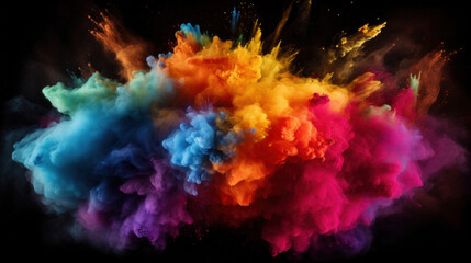 Fototapeta na wymiar A vibrant explosion of colorful powder bursts against a dark background, creating an impactful and dynamic image.