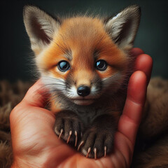 Obraz premium A fox cub held in the hand by people. Nature protection concept. 
