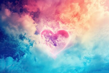 Colorful sky Heart shaped cloud background, valentines day concept