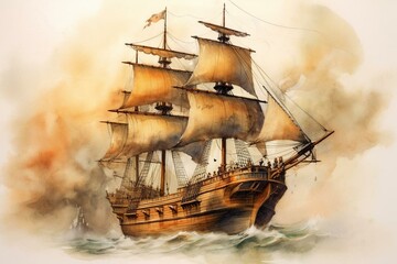 Obraz premium A watercolor sketch of an old pirate ship on light brown paper. Generative AI