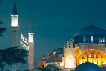 Hagia Sophia aka Ayasofya Camii at night. Ramadan kareem or islamic concept