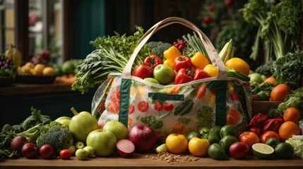 Fototapeta na wymiar A reusable bag full of fresh fruits and vegetables. Generative AI.