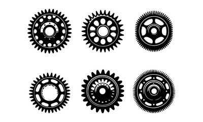 detailed silhouette of a cogs , gear icons , black and white silhouettes set 02