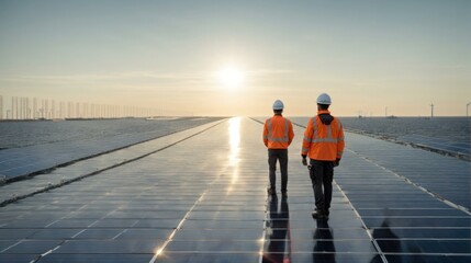 Two men in orange vests walking on a huge solar panel. Generative AI. - obrazy, fototapety, plakaty