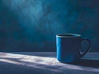 Sad blue coffee mug in a blue background. Blue monday concept. - obrazy, fototapety, plakaty