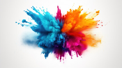Dynamic burst of blue, purple, and orange color powder against a stark white background,...