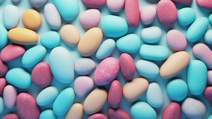 Fototapeta na wymiar A collection of colorful candy-coated pills scattered on a blue background, resembling pharmaceutical drugs.