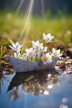 Fototapeta Paper boat with spring flowers and blooms floating on the water surface. Concept of spring, freedom and hope.