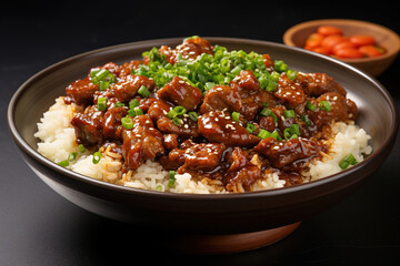 Close-up of stewed pork with boiled rice in Taiwanese style. The famous Taiwanese traditional street food delicacy.