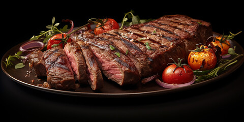 Grilled meat steak served on a plate with spices and herbs. aesthetic image for restaurant, menu.	