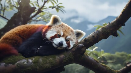 A red panda lying on a tree branch
