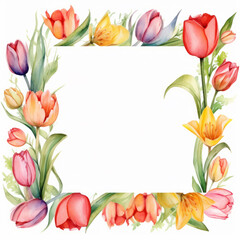 watercolor frame of flowers leaves and tulips.