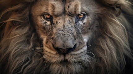 A close up of a aged lion's face