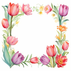 watercolor frame of flowers leaves and tulips.