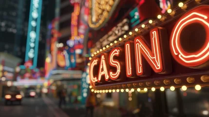 Fotobehang Neon Casino signs Las Vegas, Nevada, travel destination with blur cityscape.. Tourism exploring. Generative AI © Creation    Art
