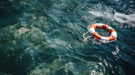 A life-saving orange and white lifebuoy floats on the clear blue water of the ocean, symbolizing safety and rescue. - obrazy, fototapety, plakaty