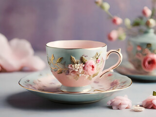 Beautiful porcelain cup and saucer on table on light background.