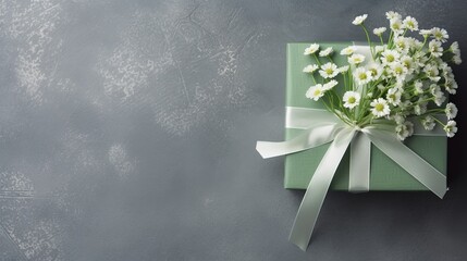From above, a gift box against a concrete backdrop with white Gypsophila flowers and green ribbon.