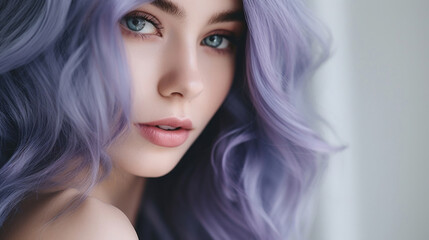 A young woman with captivating purple wavy hair and striking eyes exudes a sense of mystery and beauty.