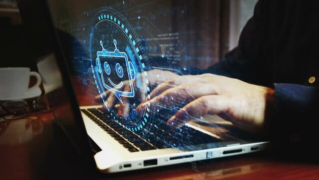 Chatbot ai online assistant support and artificial intelligence chat bot symbol and man typing computer keyboard. Hands on laptop. Network, cyber technology and background abstract concept.