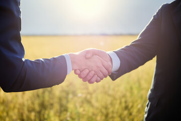 men shake hands. two businessmen shaking hands against the backdrop of a farmer's field. cooperation concept