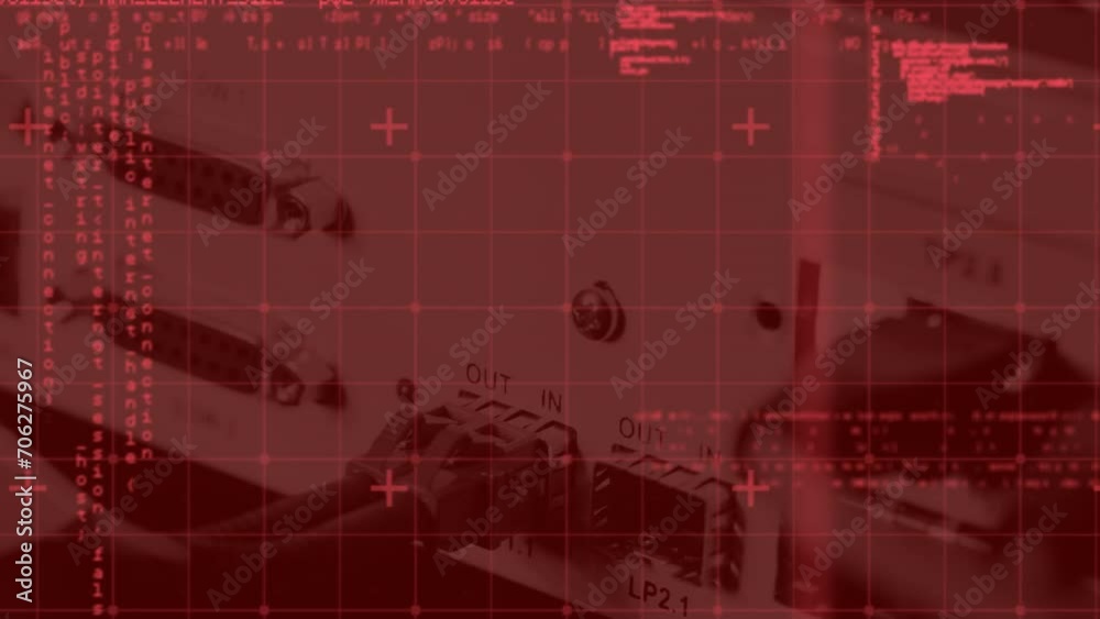 Poster animation of data processing against close up of computer server with internet cables and wires