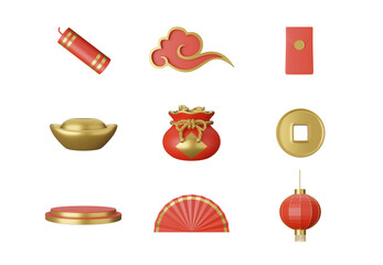 3d illustration Chinese New Year elements set on transparent background.