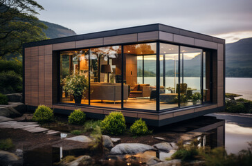 Fototapeta premium Home, property and real estate for investing, retirement and family in remote location. House, modern and architecture for sale, property and building with trees, mortgage and development for holiday