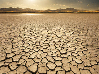 Dry cracked lake under sunny sky emphasize the cracked texture