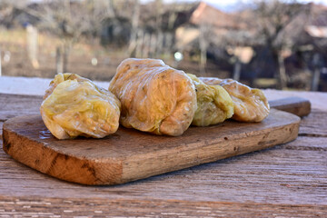 Cabbage rolls with meat, rice and vegetables. Stuffed cabbage leaves with  ground beef. Known as sarma, golubtsy, dolma.