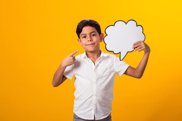 Child boy holding think cloud bubble card. Dreaming concept