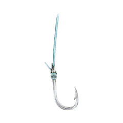 Fishhook on fishing line. Watercolor drawing of sharp equipment on white background