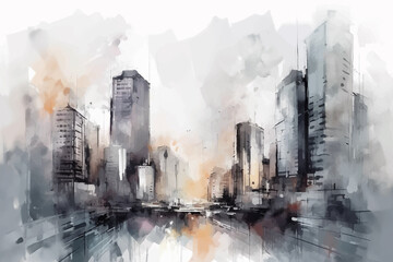 A cityscape with skyscrapers, painted in watercolor on textured paper in gray-brown. Digital watercolor painting