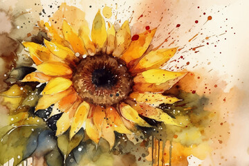 Sunflower, a flower with yellow petals, painted in watercolor on textured paper. Digital Watercolor...