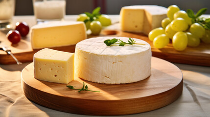 A variety of gourmet cheeses presented on a round wooden board, accompanied by fresh grapes.