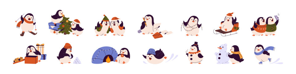 Cute penguins on christmas holidays set. Happy baby animals play snow, winter games. Amusing north birds make snowman, skiing, skating, rejoice. Flat isolated vector illustration on white background © Paper Trident