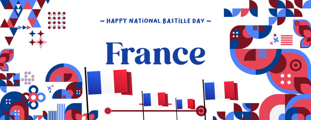 France Bastille Day banner in modern colorful geometric style. Happy French National Independence Day greeting card design with typography. Vector illustration for national holiday celebration party