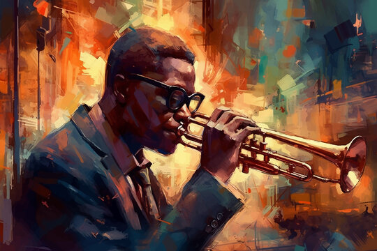 Dark-skinned man wearing sunglasses plays wind trumpet, Jazz, drawn in watercolor on textured paper. Digital watercolor painting