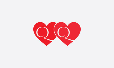 Hearts shape QQ. Red heart sign letters. Valentine icon and love symbol. Romance love with heart sign and letters. Gift red love