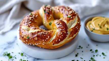 A minimalist Munich pretzel on a white marble surface, illuminated by soft, natural light from the left. A small dish of mustard on the side.