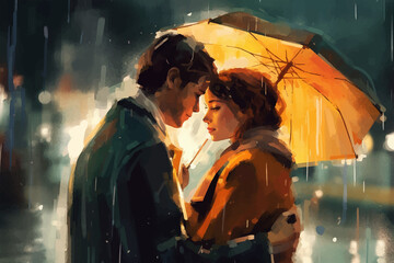 A couple in the night under an umbrella, a man gently embracing a girl on a night city street, drawn in watercolor on textured paper. Digital Watercolor Painting - obrazy, fototapety, plakaty