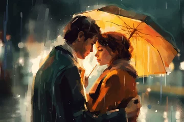 Fotobehang A couple in the night under an umbrella, a man gently embracing a girl on a night city street, drawn in watercolor on textured paper. Digital Watercolor Painting © Iryna