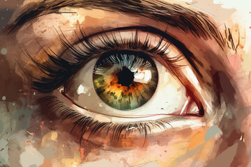 Girl's eye brown and green, macro, drawn in watercolor on textured paper. Digital watercolor painting