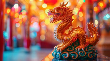 Fototapeta premium Snack 2025, Dragon statue, dragon Chinese, is a beautiful Thai and Chinese architecture of shrine, temple. A symbol of good luck and prosperity during the Chinese New Year celebrations.