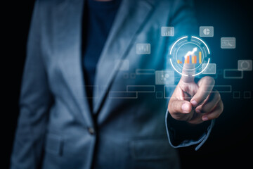 Digital Touchpoint Businessman's Hand Engages Virtual Screen with Stock Market Data Analysis Icons