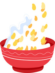 Fototapeta premium Cartoon cereal spilling from red bowl with milk splash. Breakfast concept with floating corn flakes. Healthy morning food vector illustration.