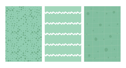 Simple Geometric Hand Drawn green Irregular Patterns. Doodle Checkered simple drawing with textures. Poster set.